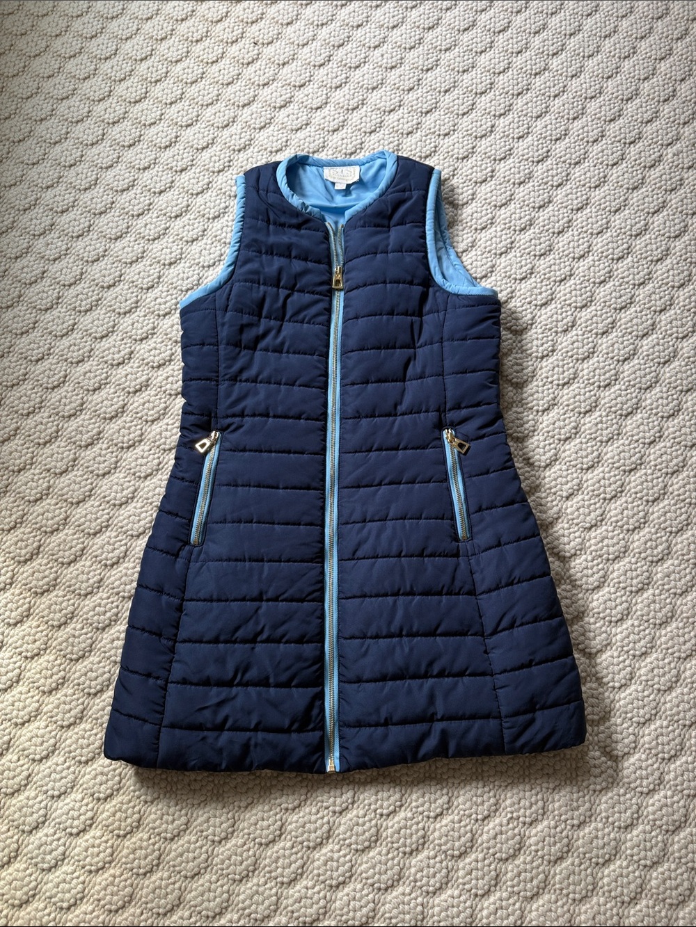 Women’s Navy Quilted Puffer Vest with Light Blue Trim